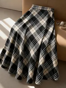 Women's Vintage Plaid High Waist A-Line Midi Skirt, College Style Blended Wool Blend, Flowy Half-Length Dress, Fashionable Ladies' Clothing