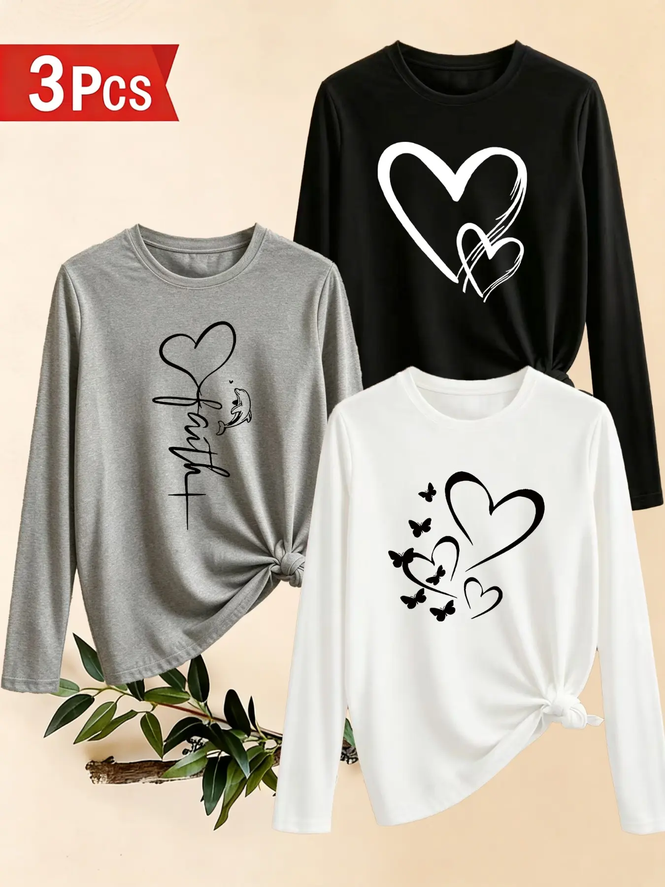 3-Pack Women's Casual Long Sleeve T-Shirts, Heart Pattern Print, Soft Comfortable, Round Neck, Slim, All Seasons, Daily Wear