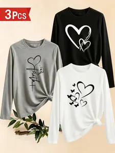 3-Pack Women's Casual Long Sleeve T-Shirts, Heart Pattern Print, Soft Comfortable, Round Neck, All Seasons, Daily Wear
