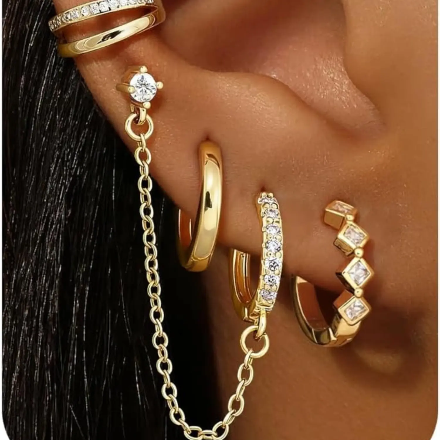 ORAZIO 4 Pairs Small Hoop Earrings for Women 14K Plated Gold Trendy Chain Drop Earrings Set, Hypoallergenic CZ Huggie Hoops, Lightweight Cartilage Earring Stacks