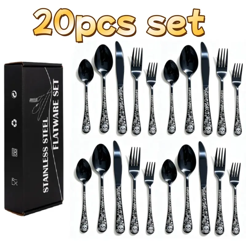 20-Piece Stainless Steel Cutlery Set, Gothic Skull Design, Food-Grade Material, Mirror Finish, Ideal for Halloween Parties
