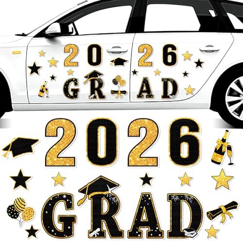 15 Pieces Graduation Car Reflective Magnets Grad 2026 Graduation Car Graduation Cap Cartoon Magnetic Magnet Bumper Sticker for Cars and Metal Surface Fridge Garage Mailbox