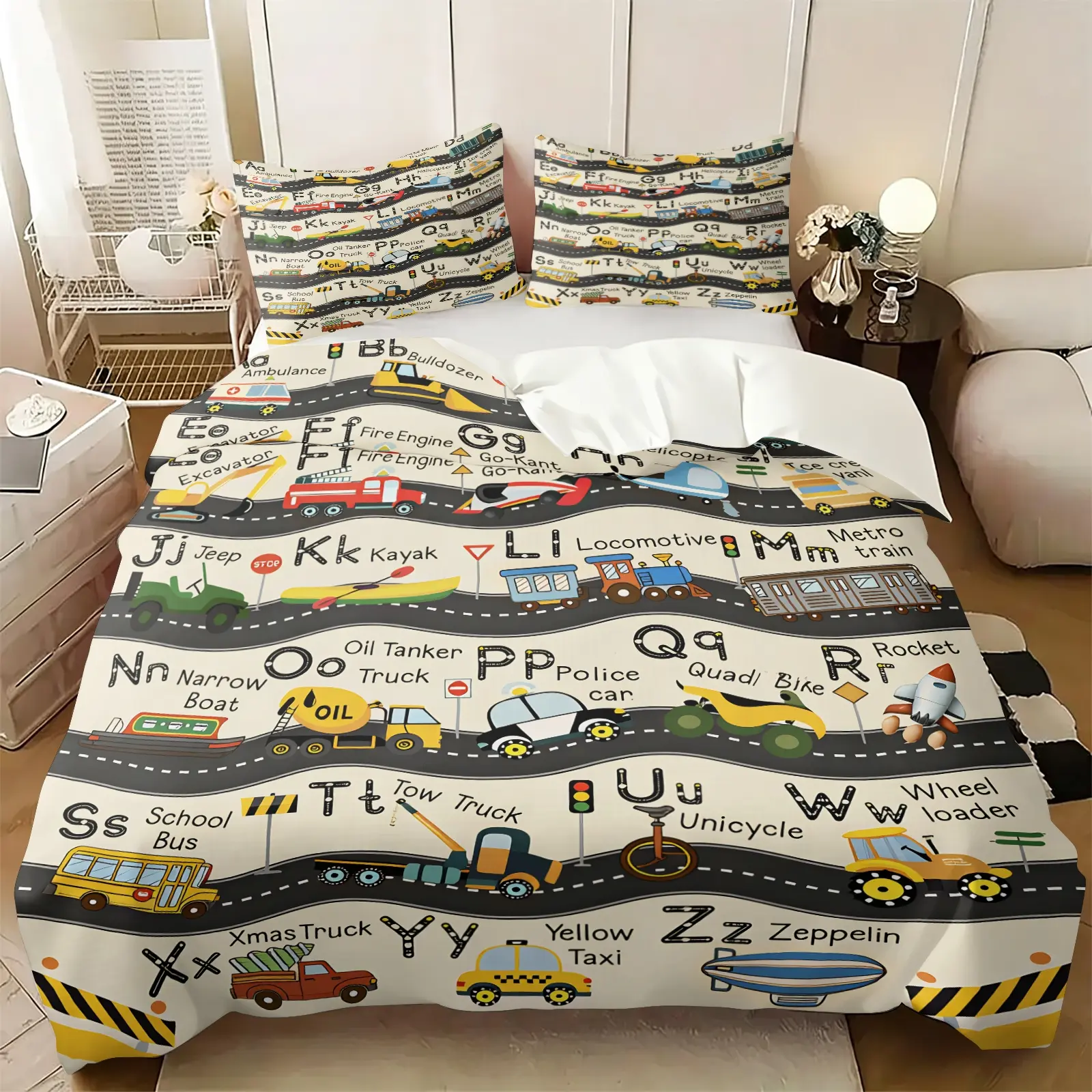 Cartoon Road ABC Alphabet Vehicle Duvet Cover Set, Includes 1 or 2 Pillowcases, , A-Z Letter Different Transport Vehicle Graphic, Kids Educational Bedding, Soft Anti-Pilling, Toddler Boys Bedroom Decor, Lovely Learning Gift