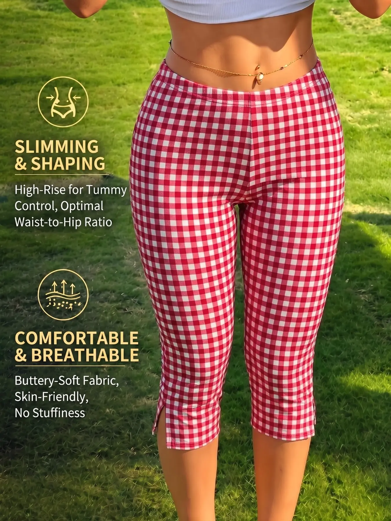 Women Trendy Mini Checkered Capri Pants Red White Plaid High Waist Butt Lifting Side Split Mid Calf Separable Casual Lounge Bottom
