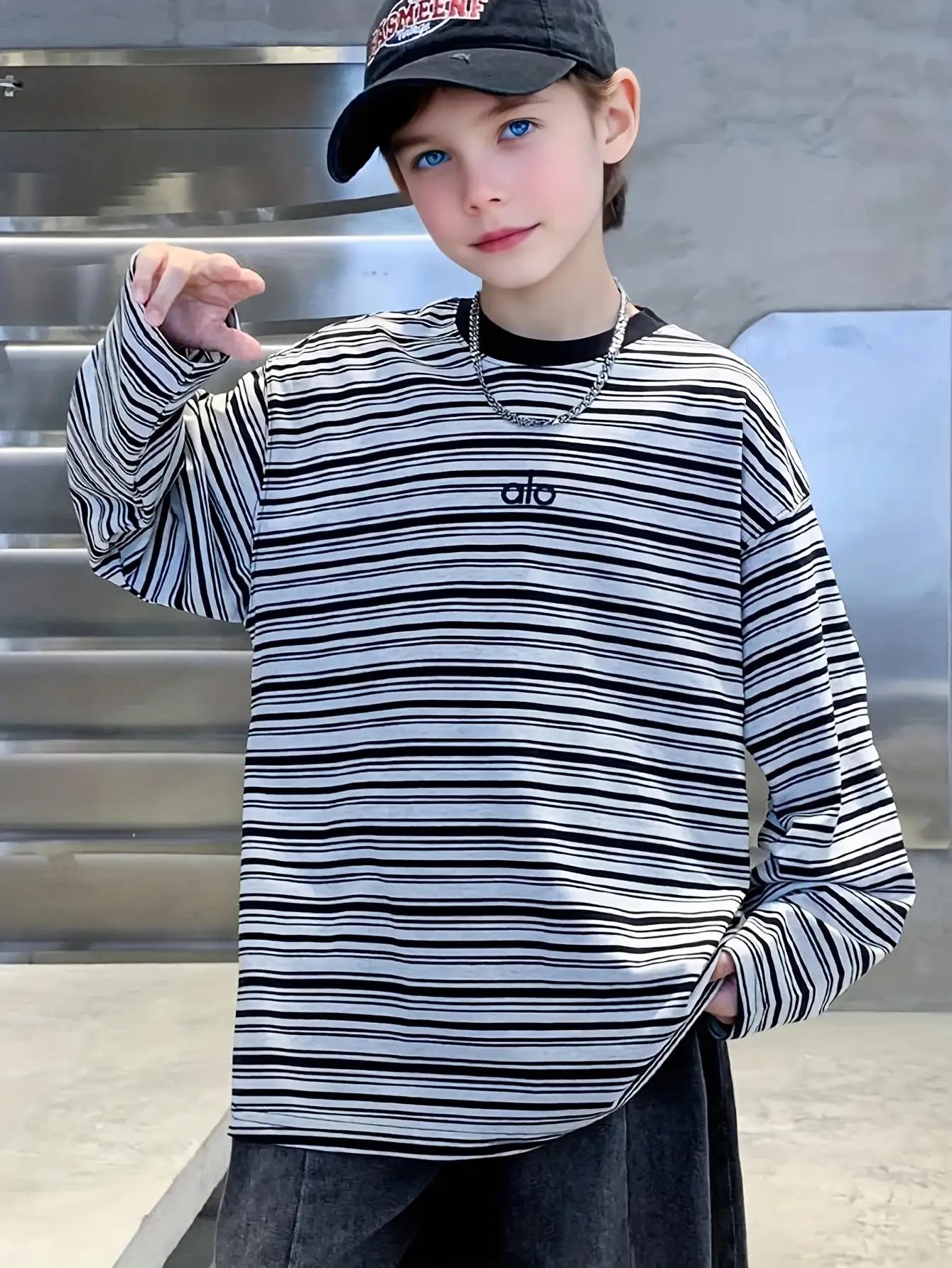 Boys' Oversized White & Black Striped Sweater Jacket - Long Sleeve Round Neck H-Line Tunic, Soft -like Stretch Fabric (No) for Spring/Fall Layering, Casual & Casual Attire - Easy-Care ' Sweater