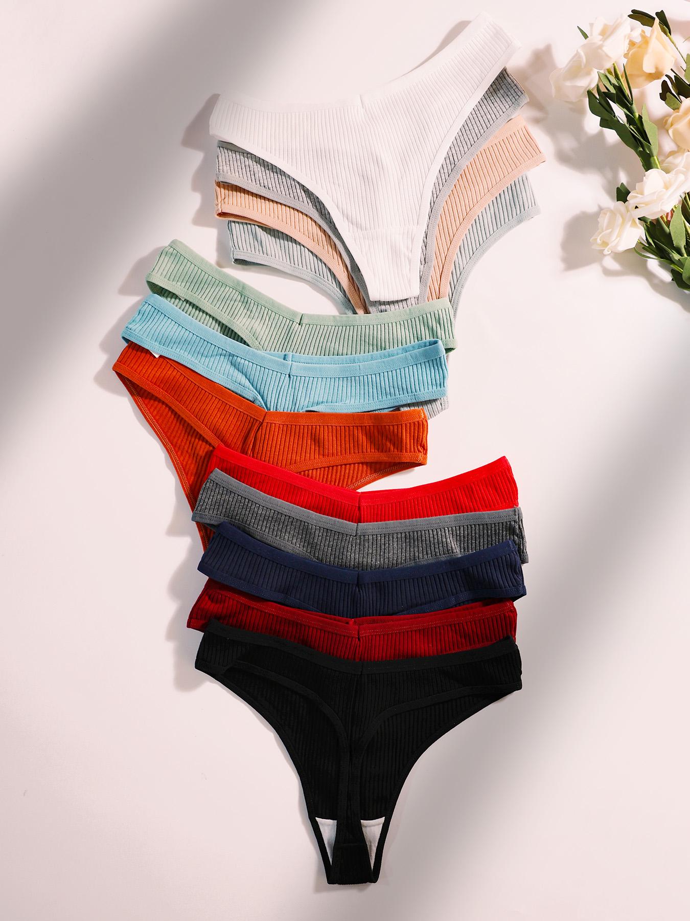 Women's 12pcs Solid Drop Waist Thong, Soft Comfy Breathable Knicker for Daily Wear, Ribbed Panty Underwear for All Seasons