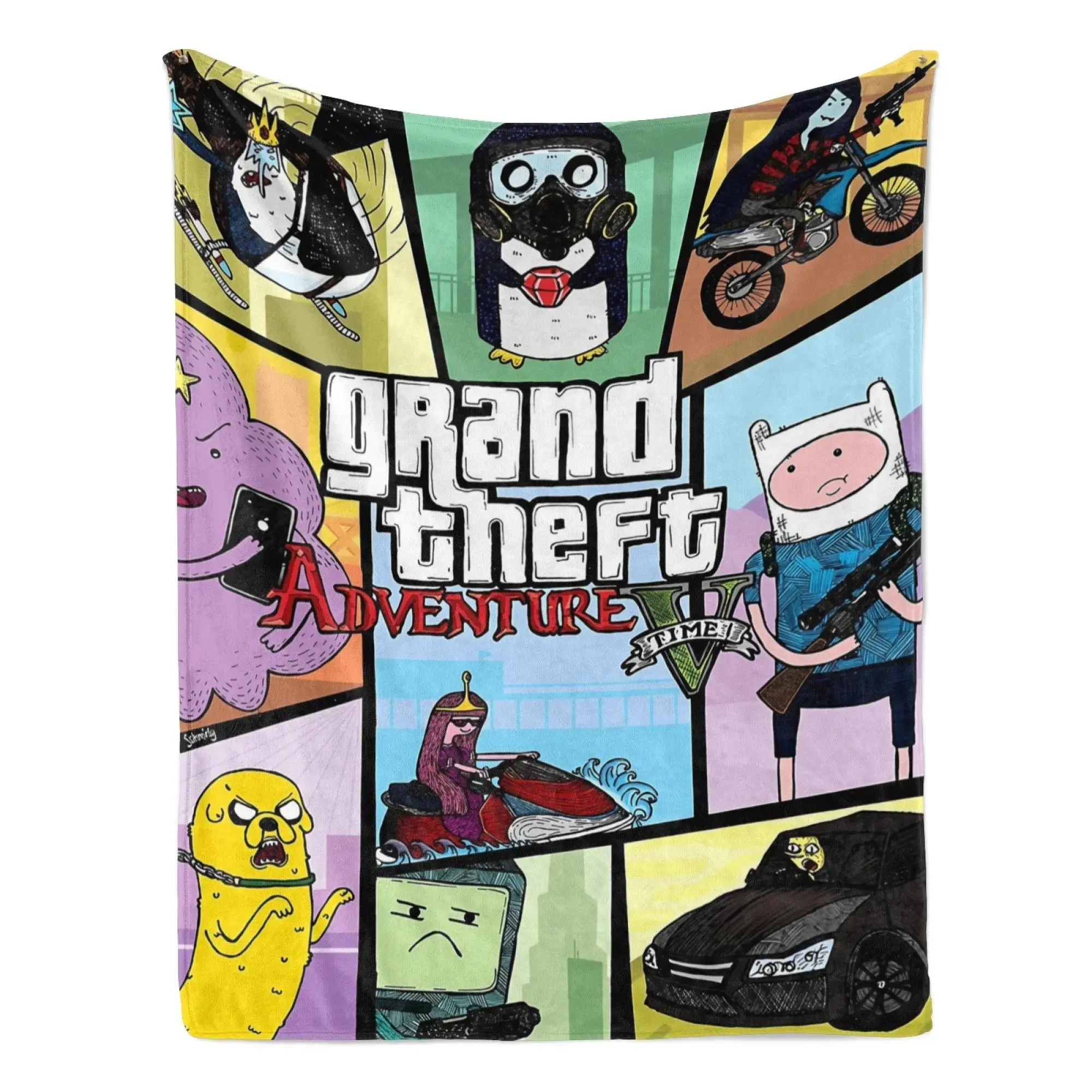 Grand Theft Adventure Time Mashup Flannel Blanket, Finn Jake Game Grid print soft fleece blankets, cooling blankets, bedding, bed accessories, Collage Throw For Cartoon & Game Fans Home Decor Gift