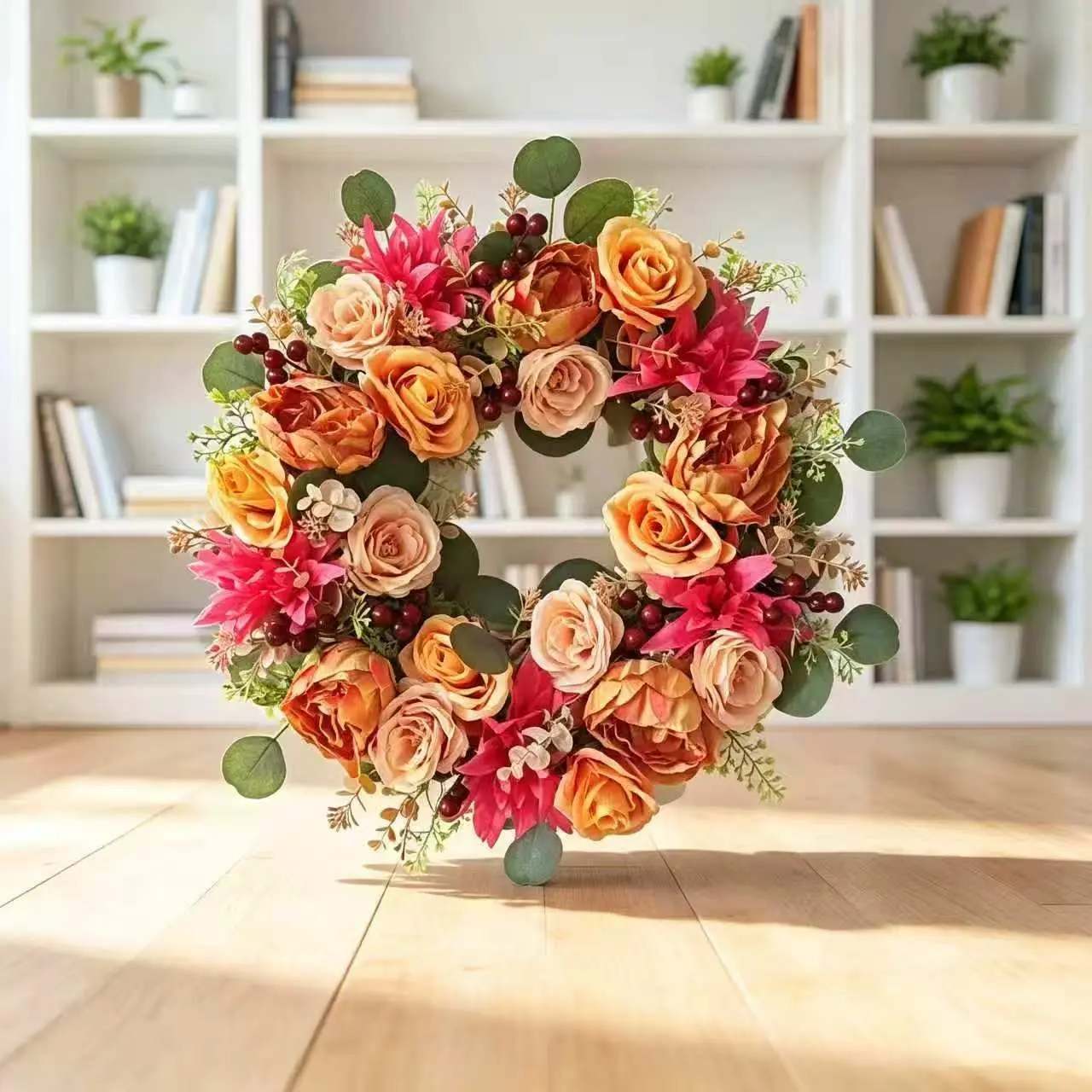 Vibrant Fall Wreath, Natural Grapevine Base, Peach and Light Roses, Dahlias, Eucalyptus Leaves, Berries, Farmhouse Home Decor, Festive Home Decoration