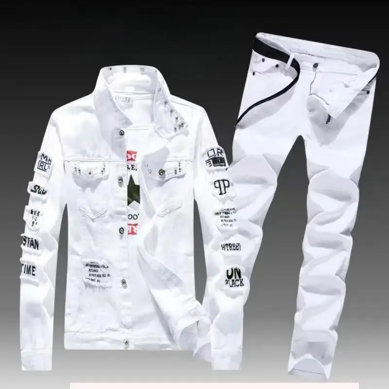 Men's Spring and Autumn denim jacket+pants set, fashionable single breasted jacket, two-piece pants set Straight Pocket Slim Fit Sleeved Menswear