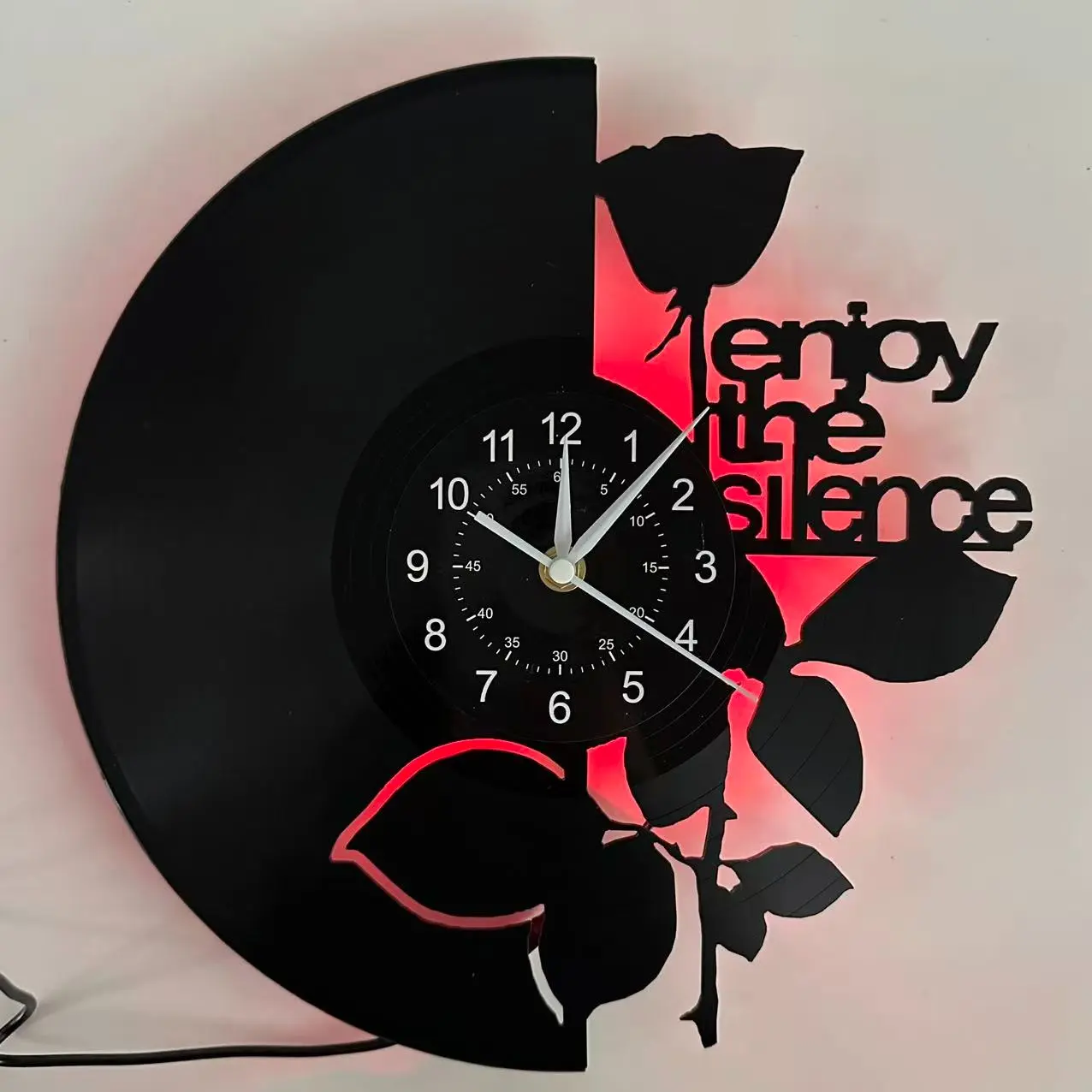Rose Vinyl Record Wall Clock with 7-Color LED Light,Silent Quartz Analog Clock, Retro Aesthetic Room Decor, Birthday Gift for Girlfriend, Valentines Day Gift