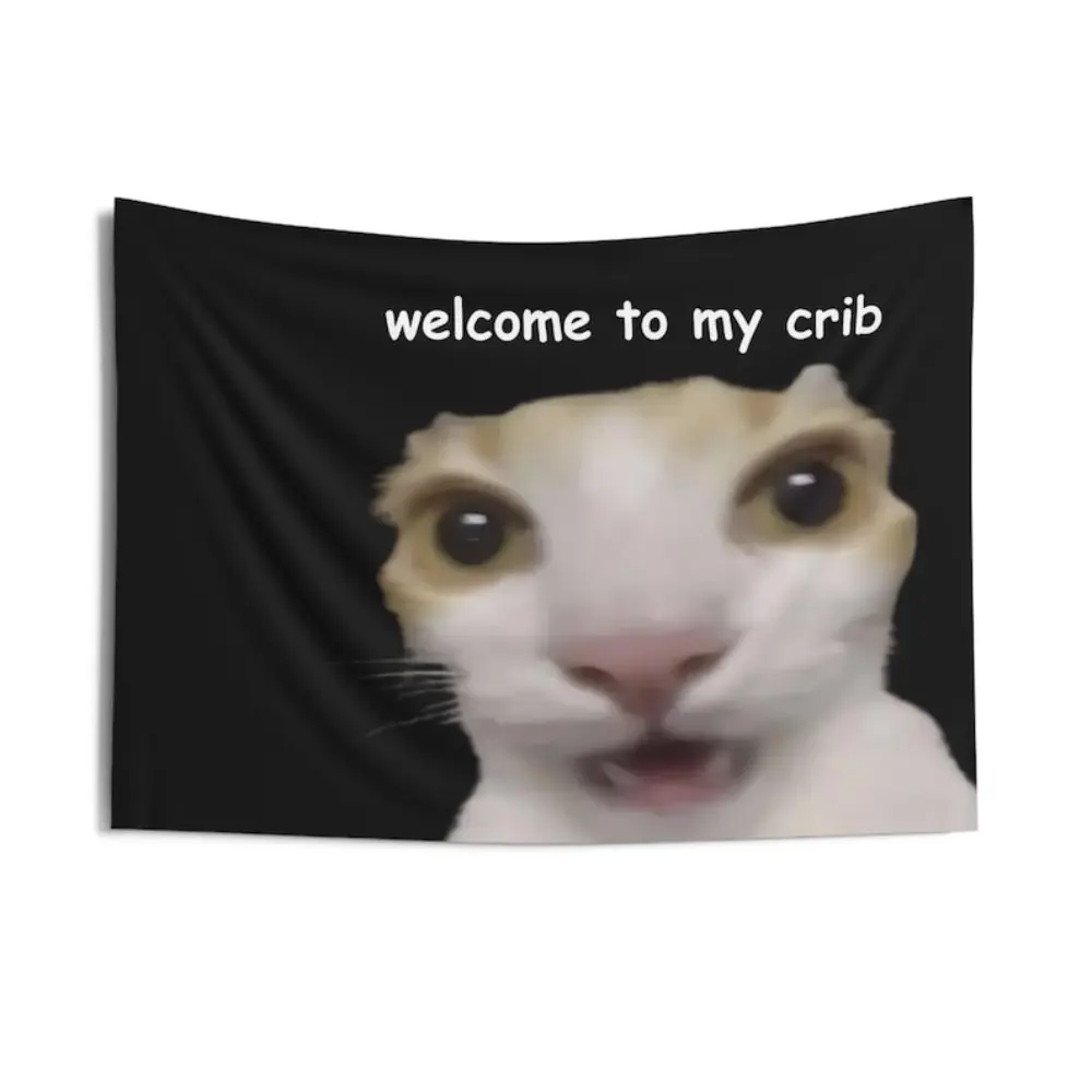 2D Flat, 2D Flat 1pc, Funny Dorm Tapestry, Welcome to My Crib Cat Meme, Weird College Apartment Wall Art, Unhinged Gen-Z Decor, 2D Flat,family,dormitory