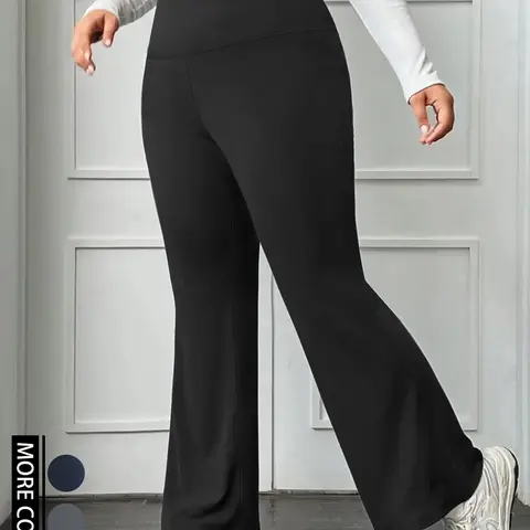 【Plus Size】 Basic Solid Fabric High Waist Bodycon Flared Leg Bootcut Pants, High Waisted Pants, Casual Comfy Flared Bell Bottom Trousers, Women's Bottoms for Fall & Winter, Fit