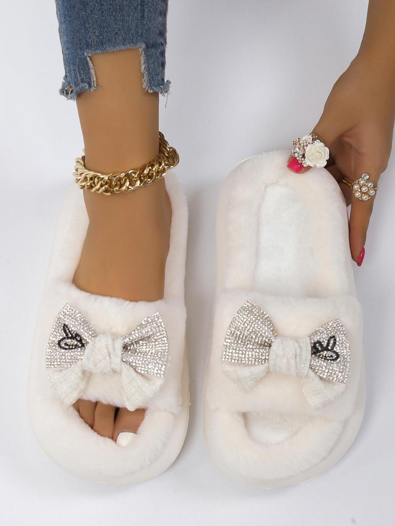 Cute Bowknot & Heart Design Plush Slippers As Gift, Trendy Soft Fuzzy Warm Slippers for Home, Novelty Bedroom & Kitchen Slippers, Girl Comfort Walking Shoes