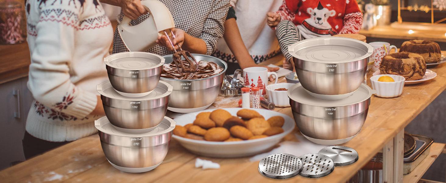 Mixing Bowls with Airtight Lids Set, 26PCS Stainless Steel Khaki Bowls with Grater Attachments, Non-Slip Bottoms & Kitchen Gadgets Set, Size 7, 4, 2.5, 2.0,1.5, 1QT, Great for Mixing & Serving