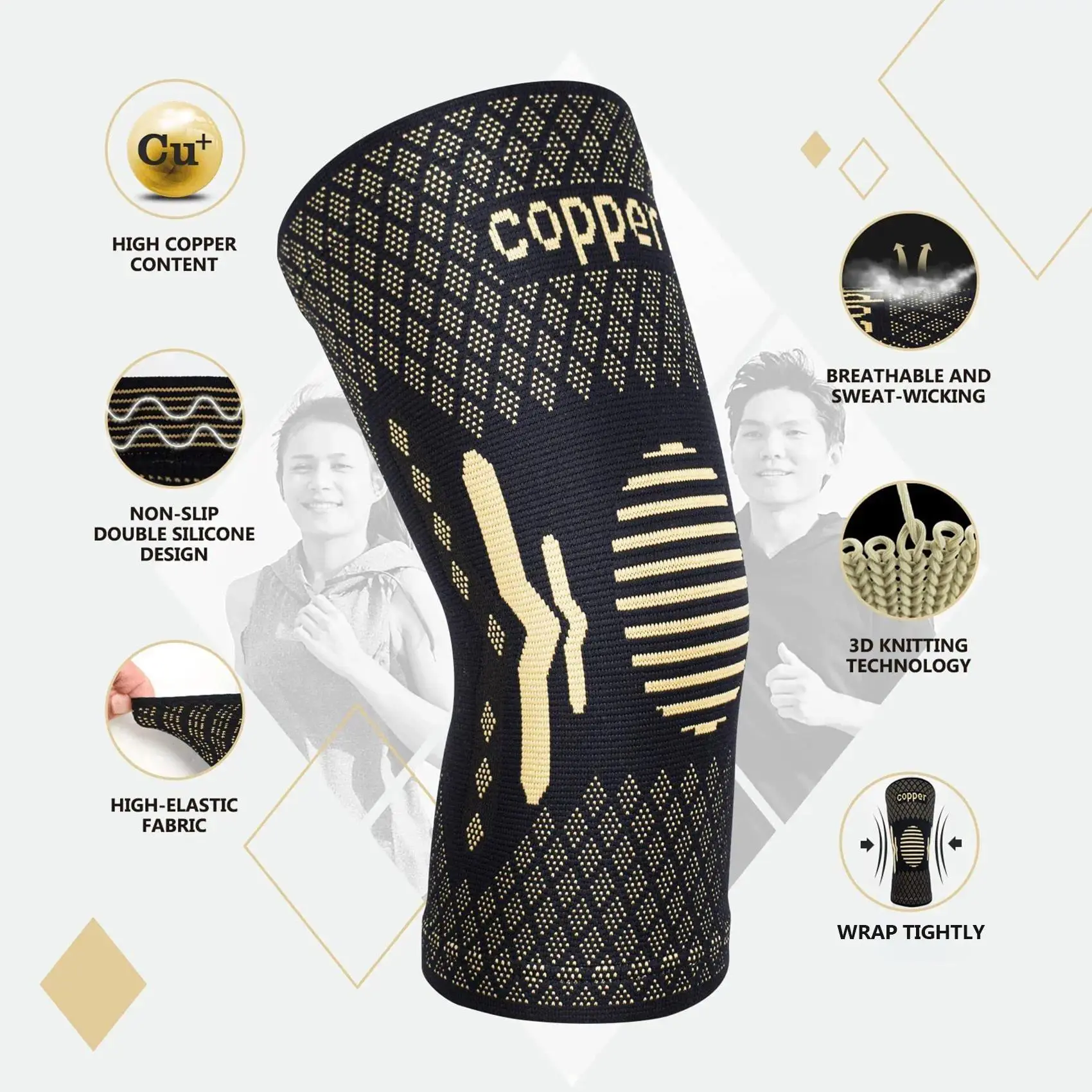 Unisex Copper Knee Brace Set for Pain(2 Pack), Compression professional Knee wrap Support Sleeves gym stuff, Fitness Sports Knee Pads, Women's & Men's non-slip knee support Compression Suitable for Running, Fitness, Basketball