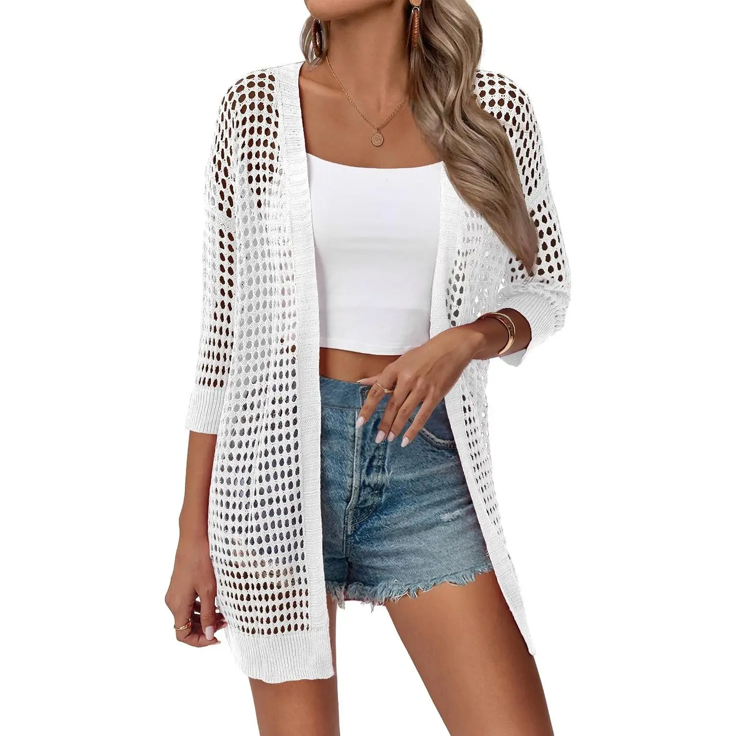 Women's Lightweight Crochet Cardigan Short Sleeve Boho Kimono Oversized Open Front Summer Sweater TopsGift