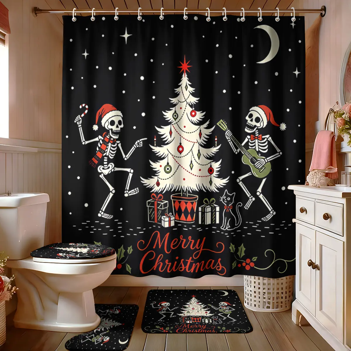 4‑Piece Digital‑Printed Bathroom Set,Dancing Christmas Skull Christmas Tree "Merry Christmas" Slogan,Includes Shower Curtain,Bath Mat,U‑Shaped Cushion,Toilet Seat Cover,Perfect Gift