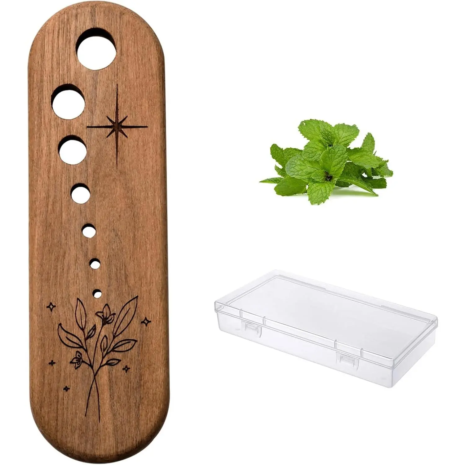 7 Hole Sizes Handmade Uncoated Wood Herb Stripper Durable Elegant Vegetable Leaf Stripper Chopper Kitchen Tool with Storage Case Ideal Gift for Cooks