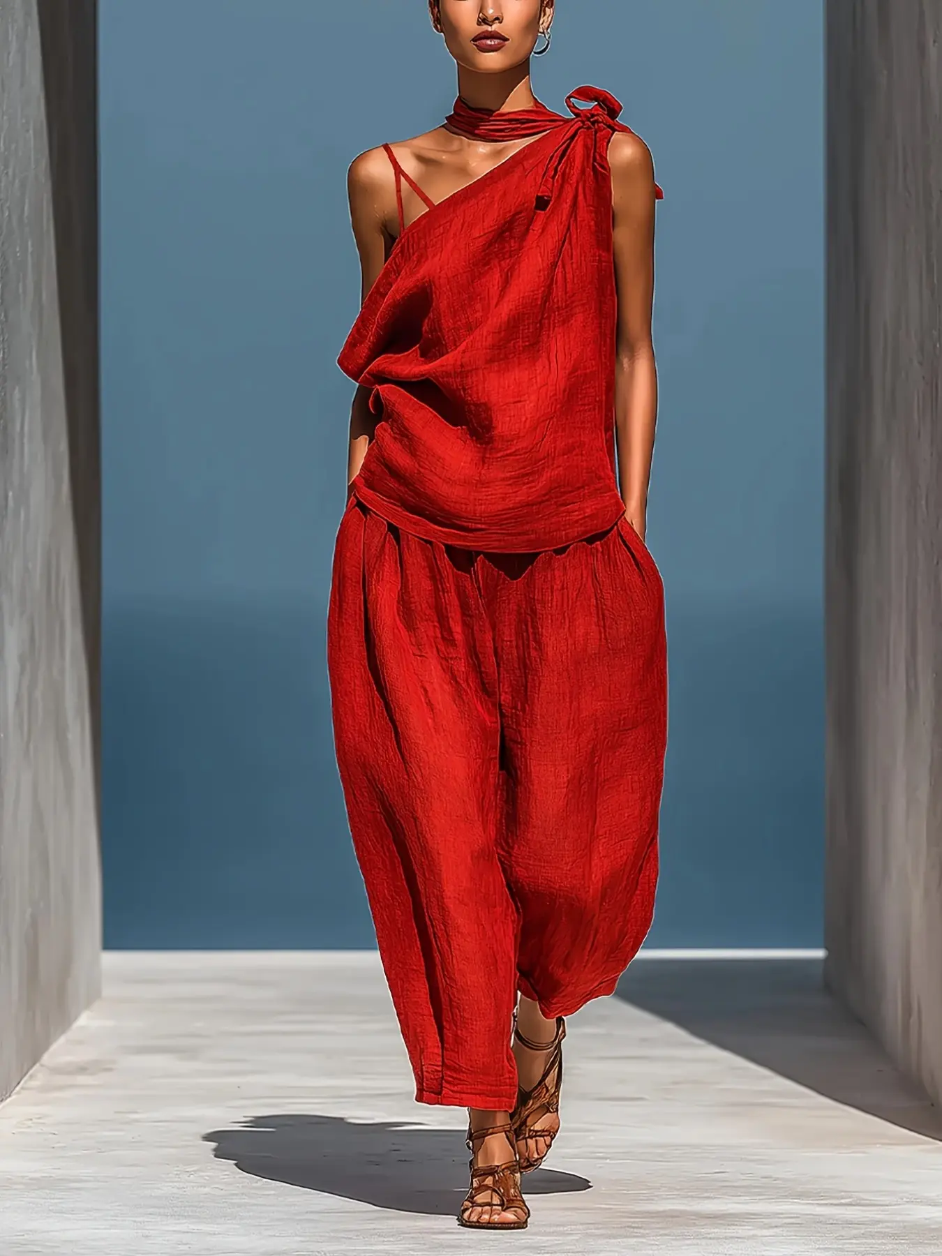 Women's 2-Piece Set: Solid-Color Faux-Linen Halter-Neck Tie-Front Top Paired with Loose, Distressed-Look Casual Trousers Clothes