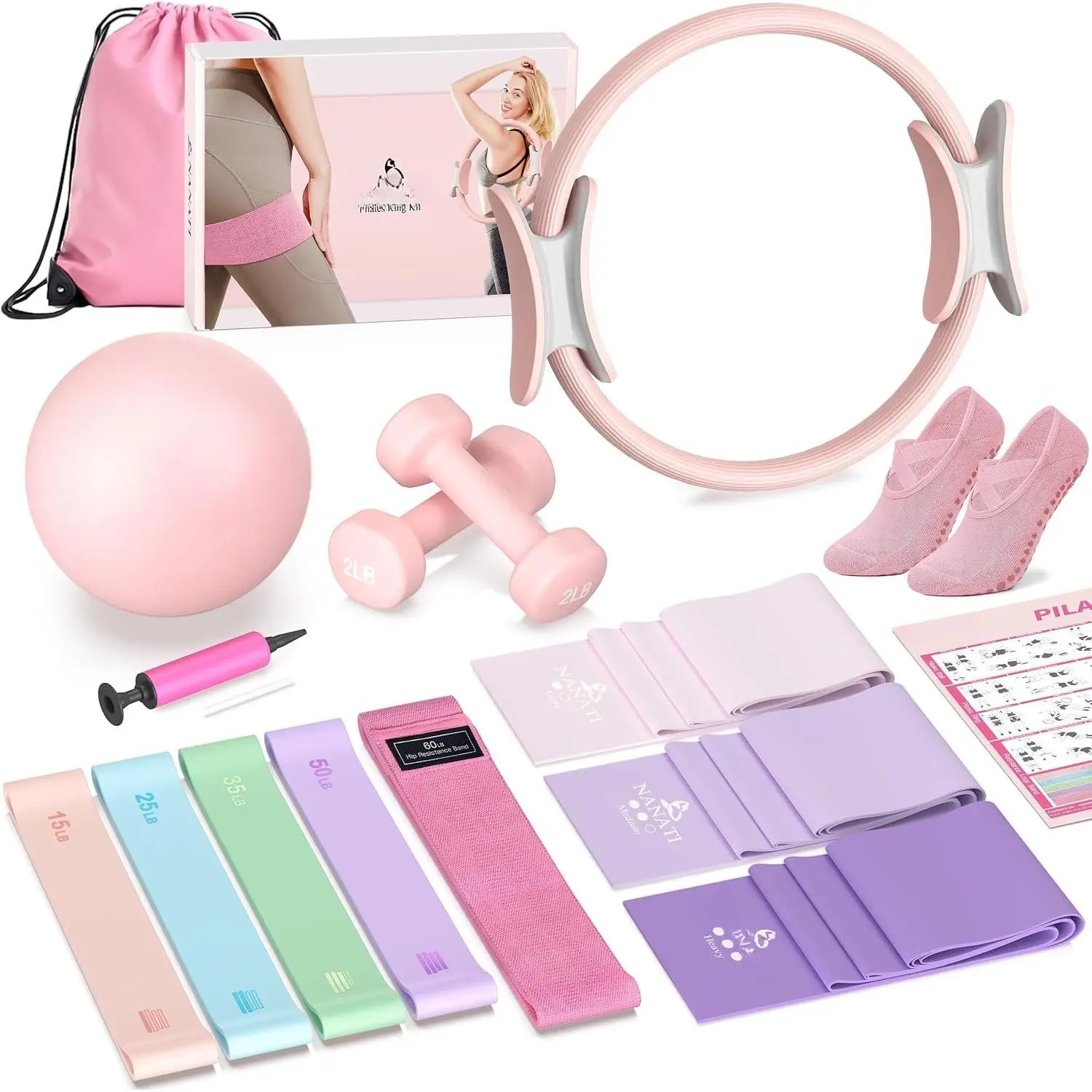 Pilates Kit,  Pilates Workout Kit for Women, Pilates Equipment with 14.5" Pilates Ring and Ball, Resistance Bands, Dumbbells & Grip Socks for  Workouts