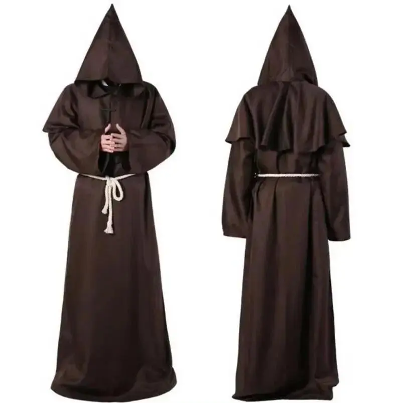 Retro Priest Robe Halloween Cosplay Costume Wizard Fancy Punk Cloak Mask Medieval Monk Robe Hooded Monk Cowl