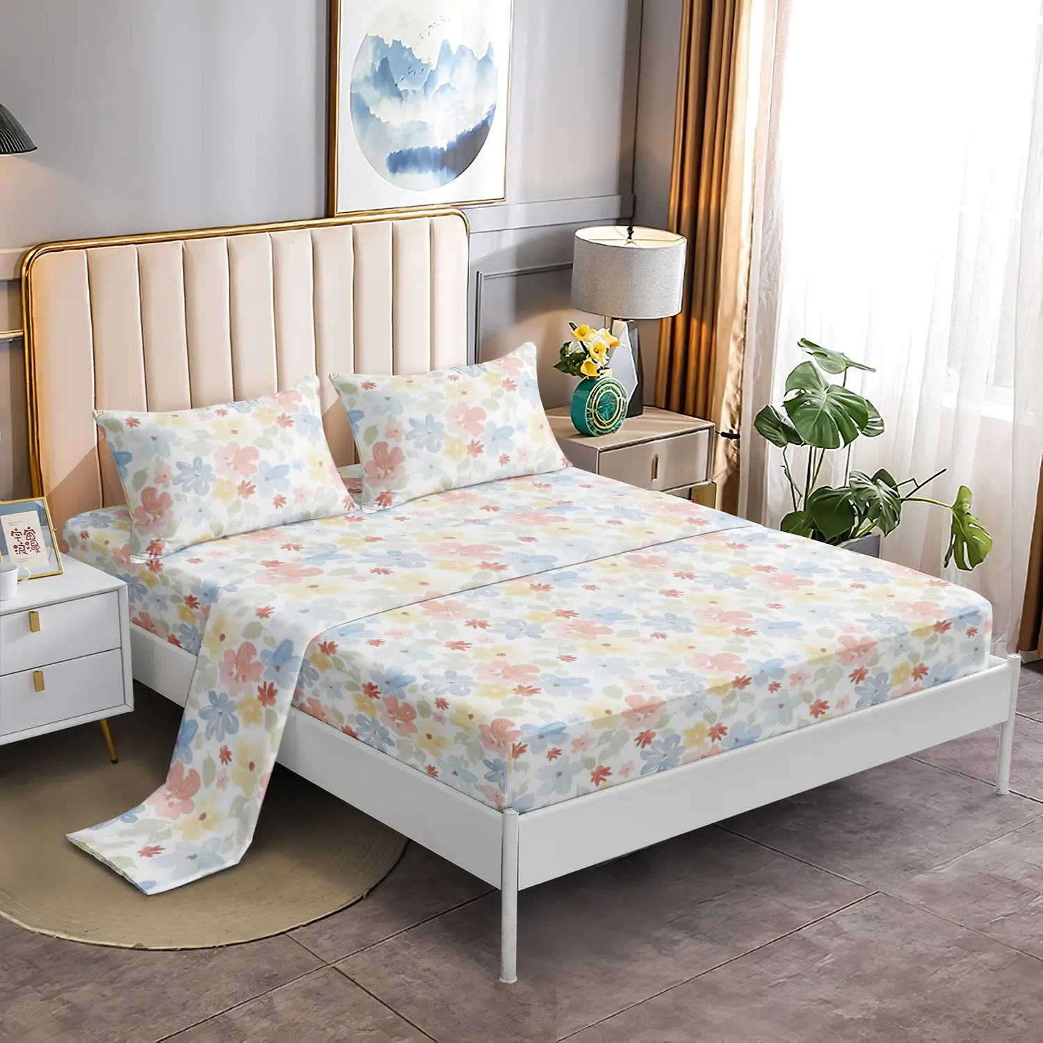 3Pcs Pastel Watercolor Floral Flat Sheet Bedding Set, White Soft Pink Blue Yellow Wildflower Print Flat Sheet Fitted Sheet, Soft Microfiber Cottagecore Aesthetic Bedroom Decor (1 Flat Sheet+1 Fitted Sheet+2 Pillowcases) ﻿