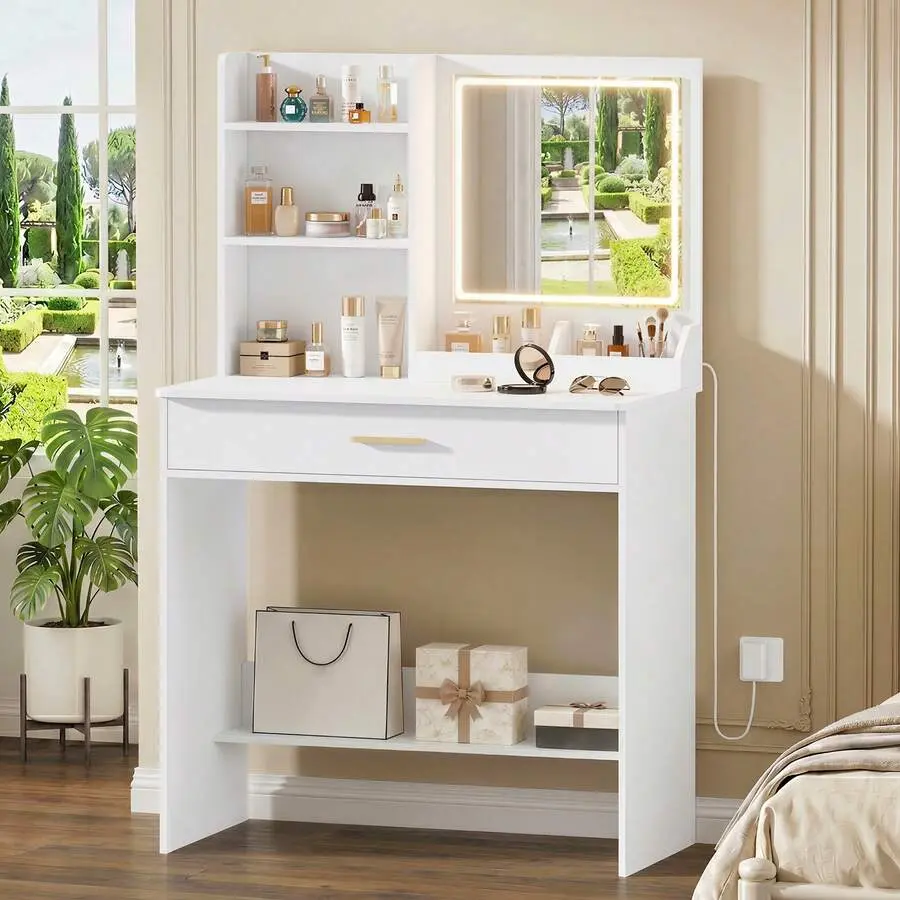 White MDF Wood Vanity Desk with Lighted Mirror, Storage Drawer, Open Shelves and Easy Setup for Bedroom