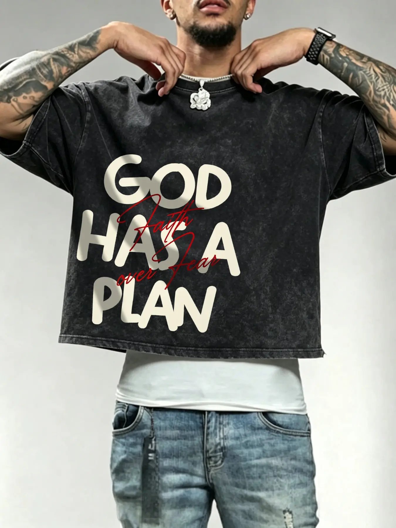 Men's washed, distressed cotton T-shirt featuring a boxy, cropped fit and heavyweight cotton fabric; designed with a minimalist slogan graphic—perfect for casual daily wear, commuting, or street-style looks.