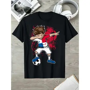 Men'S Dabbing Panama Soccer Graphic T-Shirt - 100% Casual Jersey Tee with Cartoon Print, Vibrant Redbluewhiteblack Design, Regular Fit Round Neck for Sports & Casual Attire, for Sports Casual Wear Vibrant for Sports Top 100% Shirt, Soccer T