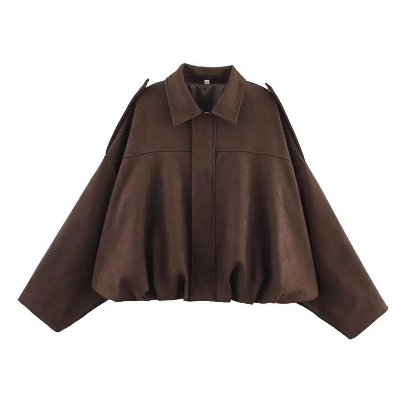2026 Spring New Women's Suede Texture Effect Loose Fit Fashion Lapel Shoulder Bomber Jacket in Olive Brown & Burgundy