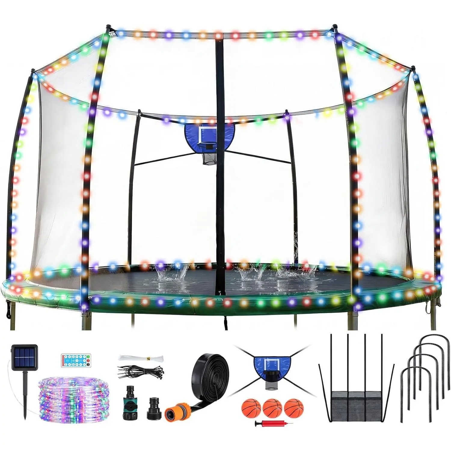 Trampoline Accessories Kit, Basketball Hoop with 3 Mini Basketballs, 4 Pcs Heavy Duty U Stakes, 52FT Solar Lights with Outdoor 8 Lighting Modes, Trampoline Accessories Kit with Sprinkler & Shoe Bag