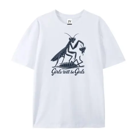 Women's Basic Short-Sleeve Casual Cute Funny Graphic T-Shirt - "Girls Will Be Girls" Praying Mantis Tee for Insect Enthusiasts, Streetwear Style