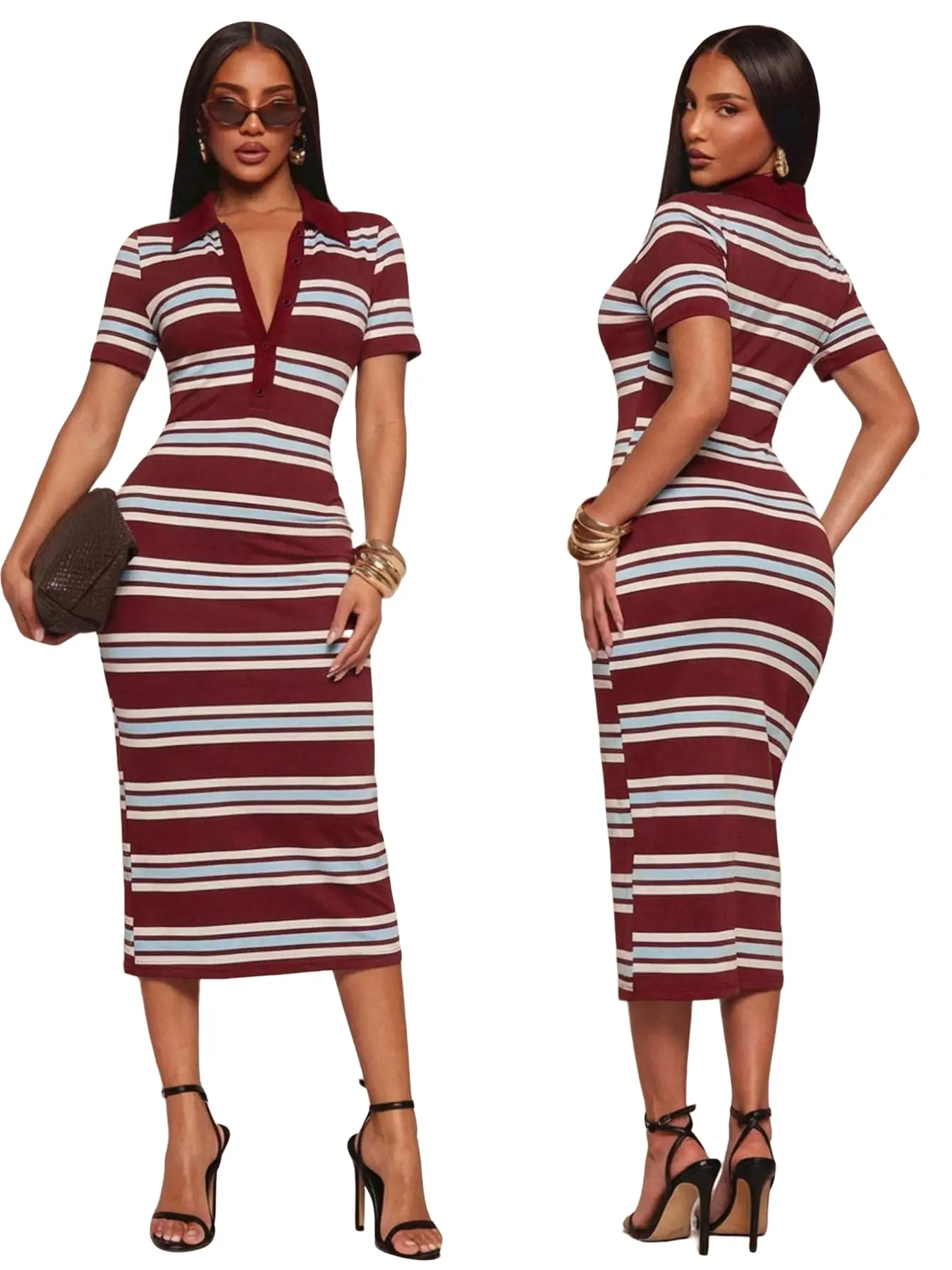 Women's Vintage Polo Neck Striped Dress, Deep V-Neck Short Sleeve High Stretch Bodycon Long Dress, Slimming Knit Plus Size Street Style, Chic