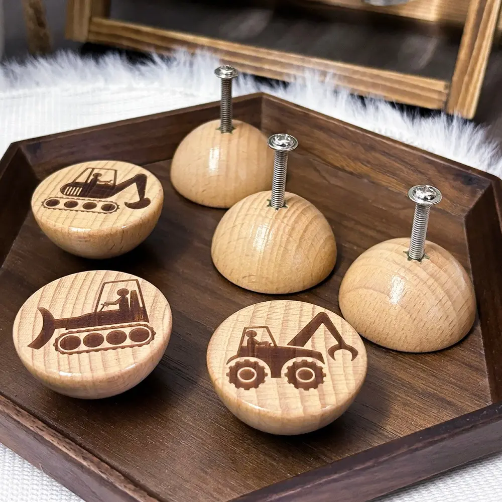 Unique Design Set of 6 handmade beech wood knobs with cute engraved construction vehicle patterns for kitchen cabinets pulls, dresser drawers knobs, Wooden Single Hole Bowl Shape Drawer Knobs Decoration Furniture Handles