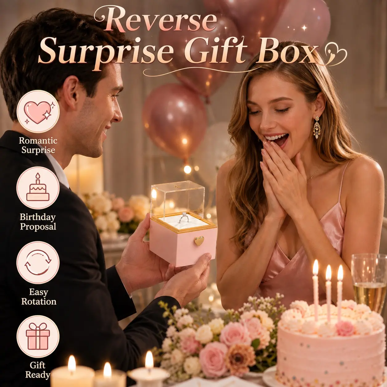 Rotating Ring Box for Proposal, Reverse Surprise Gift Box, Engagement Ring Jewelry Box, Romantic Birthday Gift for Her