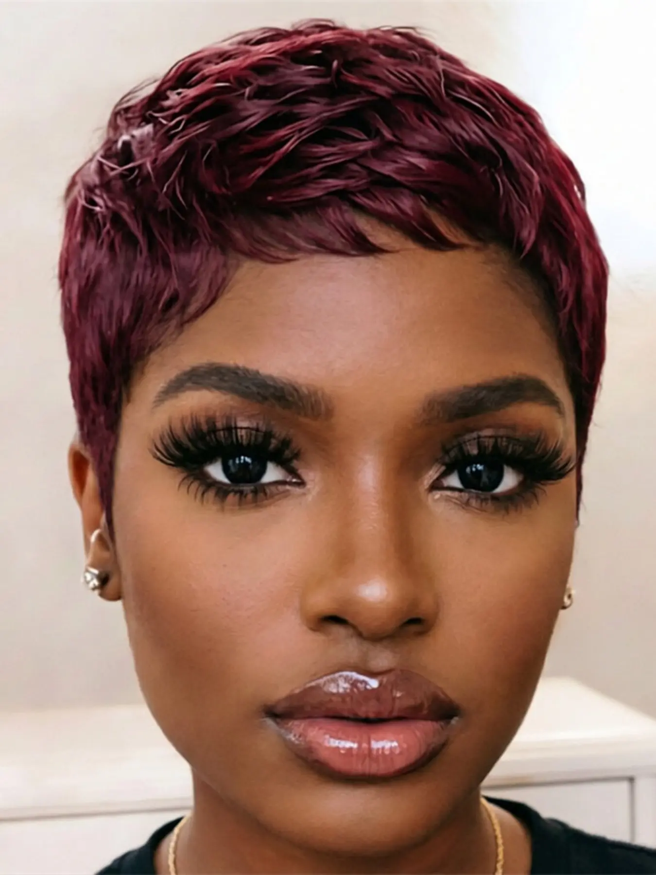 Pixie Cut Human Hair Wigs Burgundy, Machine Made Short Straight Layered Wig for Women, Natural, Daily Party Cosplay Gift Use
