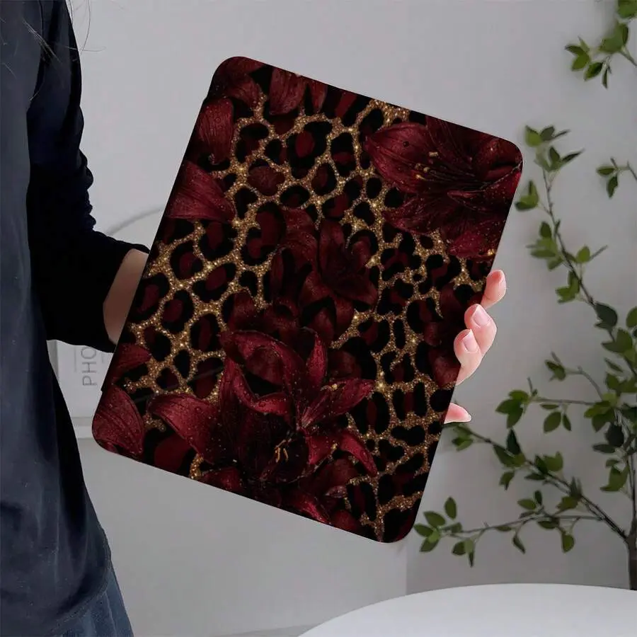 Tablet Case Burgundy Lily Leopard Pattern For 2026 New For Pro 13 M4/11 M2/Air M4 7 6/10Th 9Th Gen/Mini 7 6, Tablet Cover, Retro Wild Aesthetic, Durable Hard Shell, Scratch Resistant, Gift & Personal Use Suitable For Various For Mini 4/5/6/7, Air And Pro