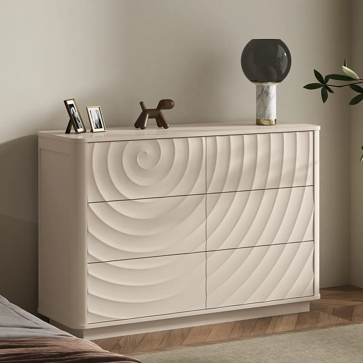 47.2" Wide Handle-Free 6-Drawer Bedroom Dresser, Off White Solid Fir Wood Chest with Sculpted 3D Spiral Ripple Front, Rounded Side Panels, Wooden Storage Organizer for Nursery Living Room Apartment