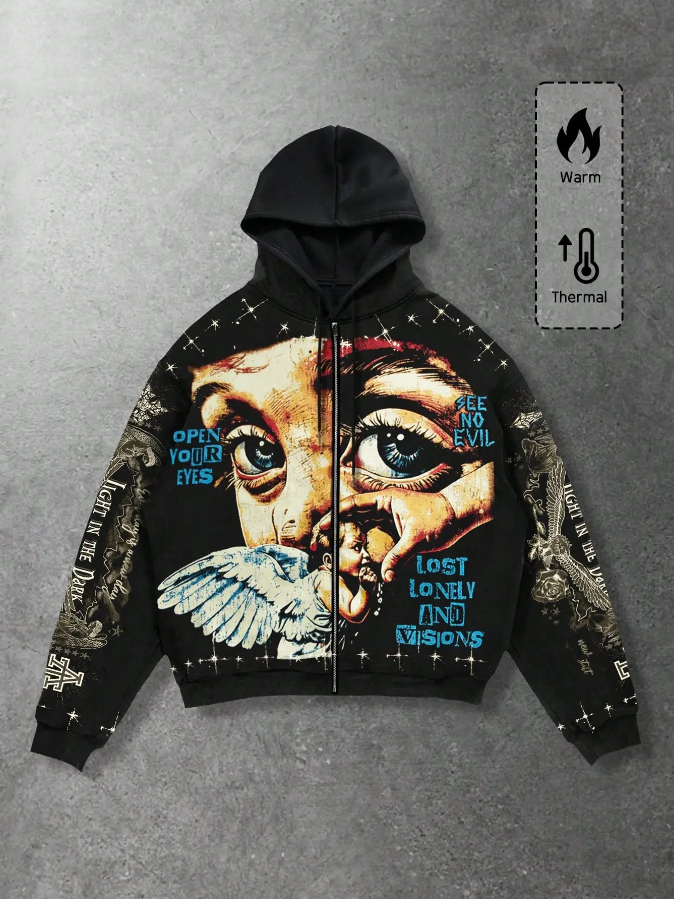Vintage Angel Portrait Hoodie, Unisex Loose-Fit Long Sleeve, Street Style All-Over Print, Fall & Winter Fashion, Y2K Gothic Aesthetic