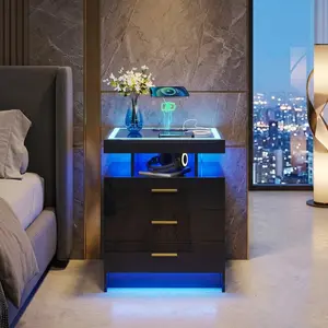 Modern Smart Auto-Sensing LED Nightstand With Tempered Glass Top, Wireless Charging Station & Dual USB Ports, High Gloss MDF Bedside End Table With 3 Storage Drawers Dimmable 3 Color Lights For Bedroom Living Room Easy Assembly Black White