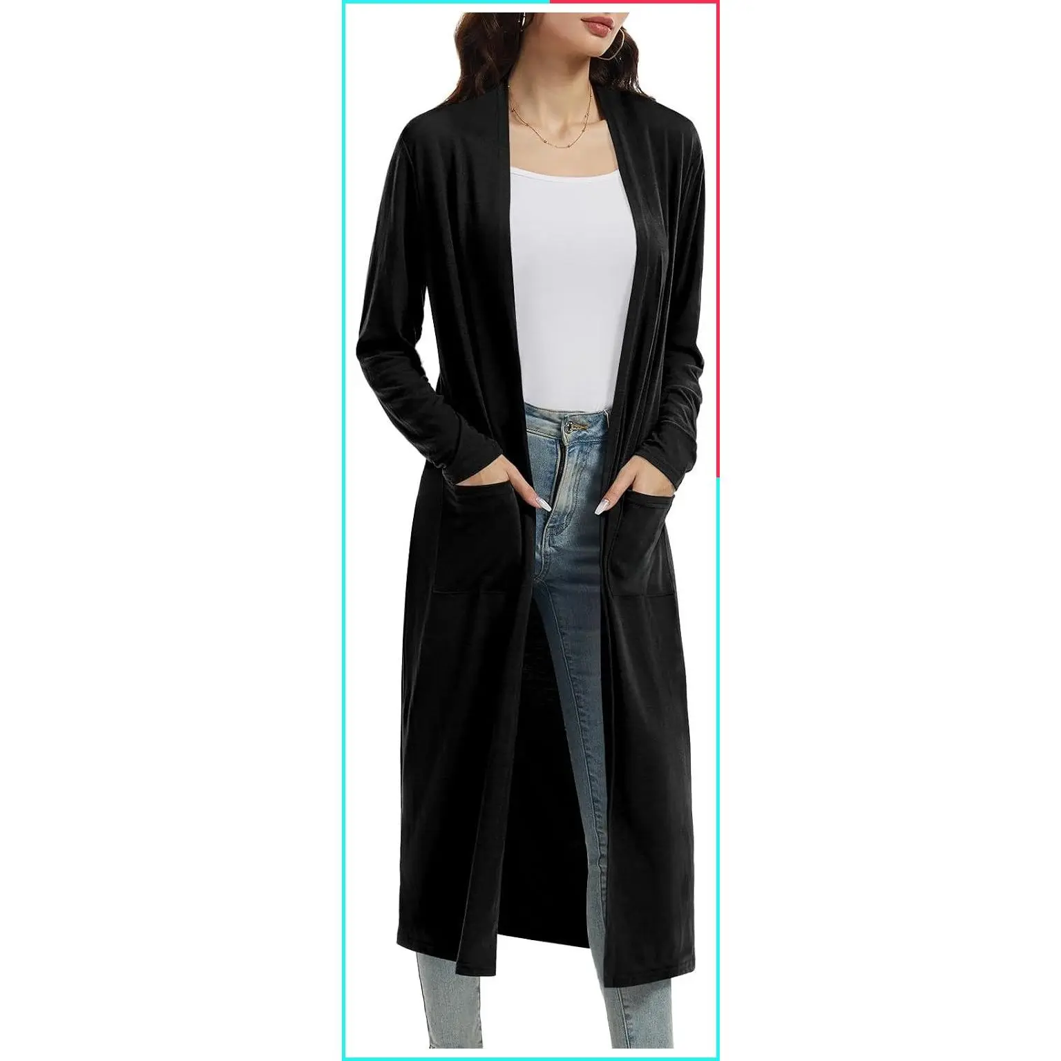 Women's Lightweight Maxi Cardigan Long Sleeve Open Front Casual Duster with Pockets