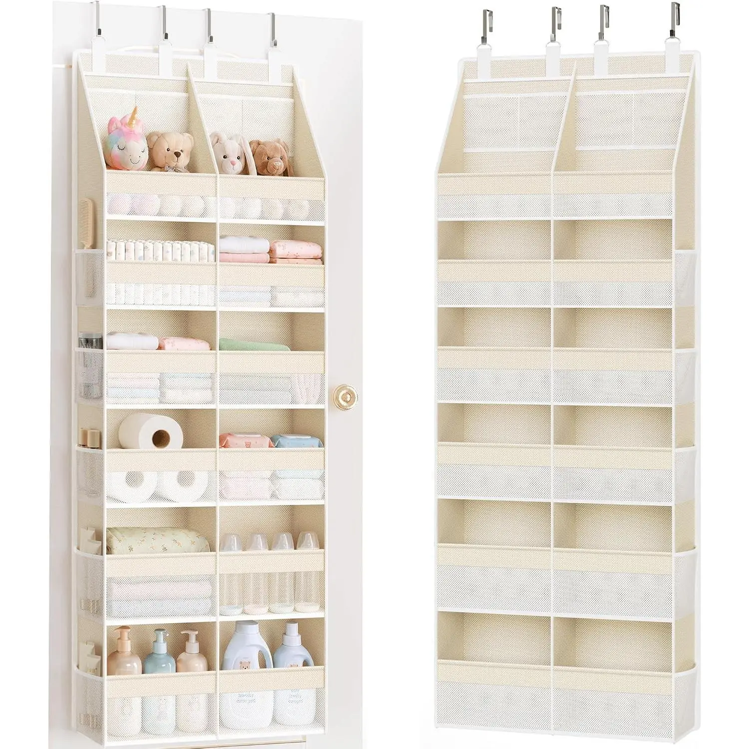 Over the Door Organizer, Extra Large 12 Compartments Closet Hanging Storage with 14 Mesh Pockets, 85lbs Capacity Behind the Door Storage for Baby Nursery, Bathroom, Bedroom, and Dorm, Beige