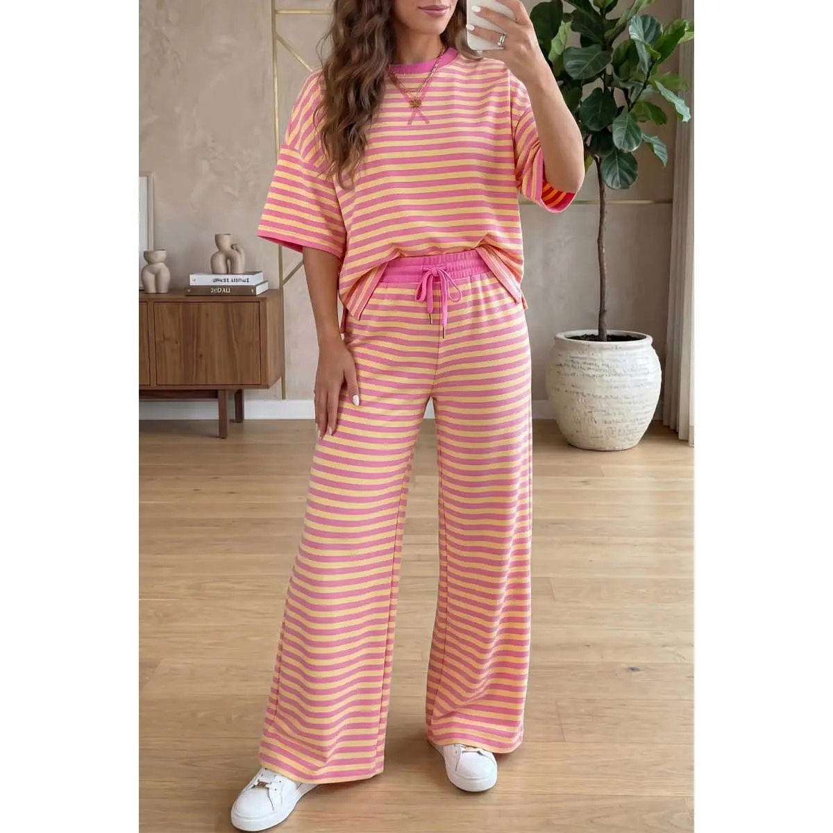 Women's 2-Piece Cotton Blend Casual Lounge Set - Shortleeve Striped Colorblock Tee with Elastic Detail, Comfortable Drawstring Shorts, Matching Style Women's Clothing Set, Shortsleeve