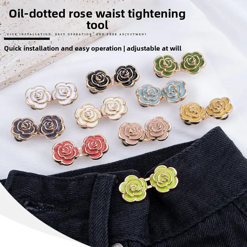 Rose Shaped Metal No Sew Jeans Waist Tightener Buttons, Detachable Snap Buckle Pair, Reusable No Nail No Sew Waist Resizer Tool, Instant Waist Cinch Clip for Loose Jeans Pants Skirts Dresses