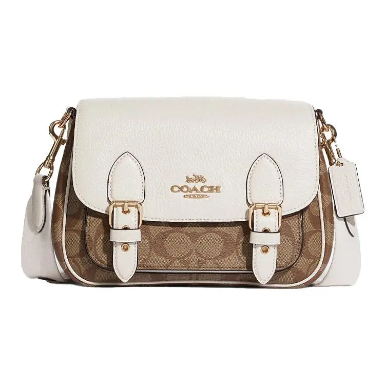 COACH Lucy 22 Double-Flap Crossbody Saddle Bag for Women – Canvas and Pebbled Leather in White and Khaki Monogram