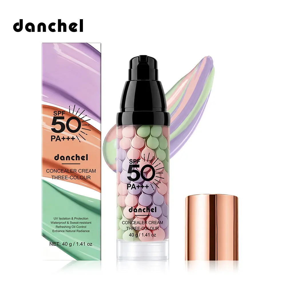 Danchel Tri-Color Pore Minimizing Primer with SPF50, 3-in-1 Color Corrector Sunscreen Concealer Cream, Waterproof Sweat Resistant Makeup Primer Base, All Day Primer Face Primer