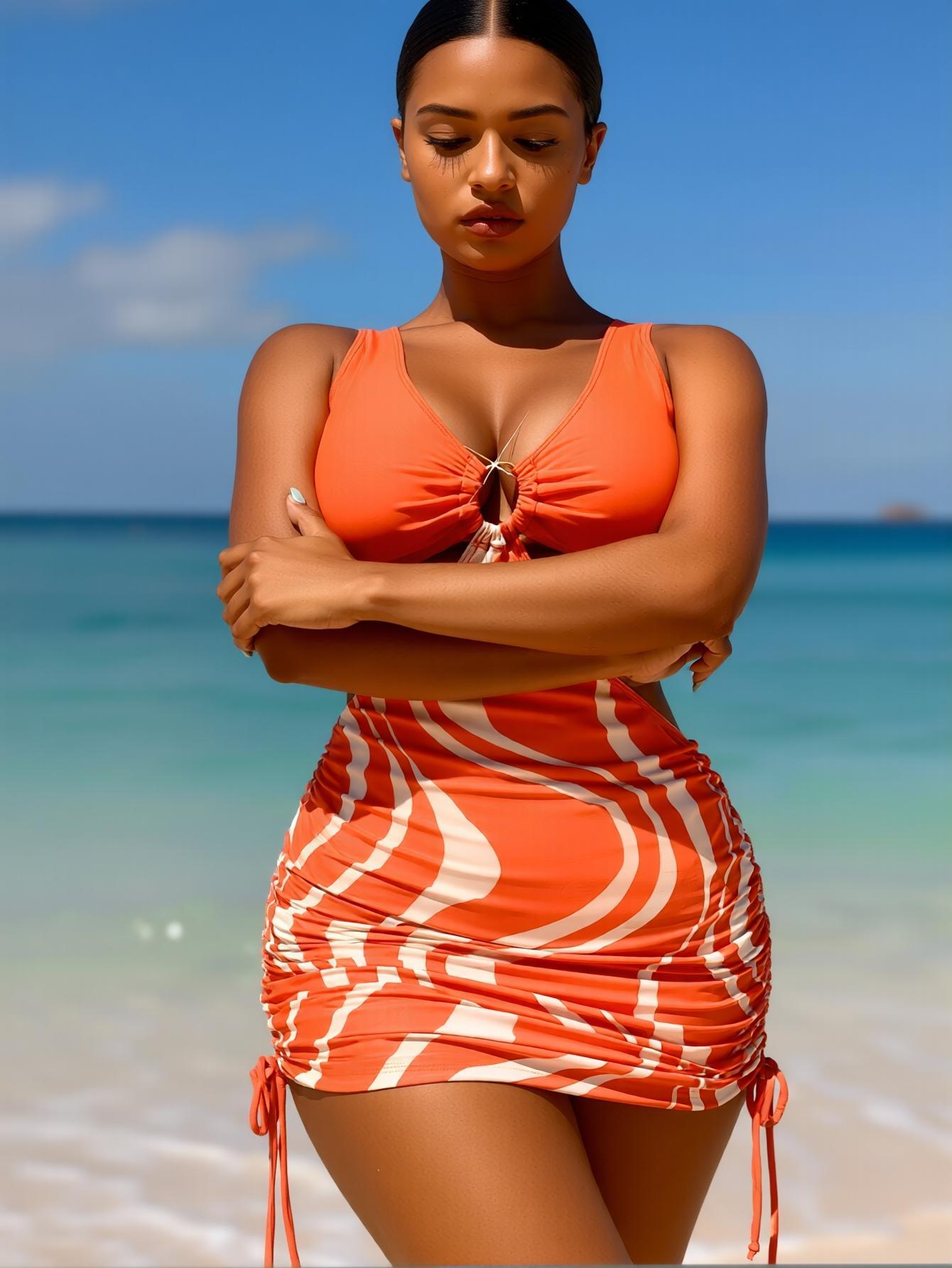 2026 trendy Y2K swimwear orange and white striped print one-piece swimsuit with side ruching, tie, and cut-out design, suitable for beach vacations and pool parties