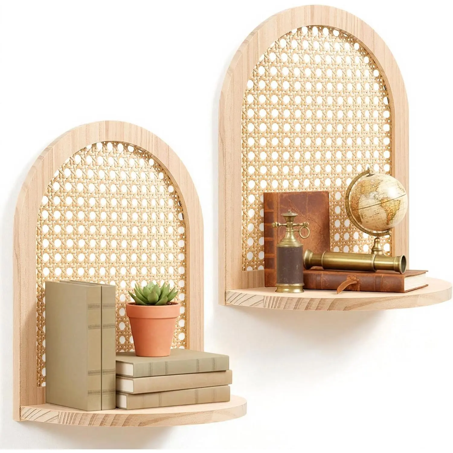 WLLHYF 2-Piece Natural Rattan Floating Shelves Set, Boho Wall Decoration & Organiser for Living Room, Ideal for Trinket, Plant, Figurine Display, Books Storage, Perfect Home Decor Gift, Lightweight