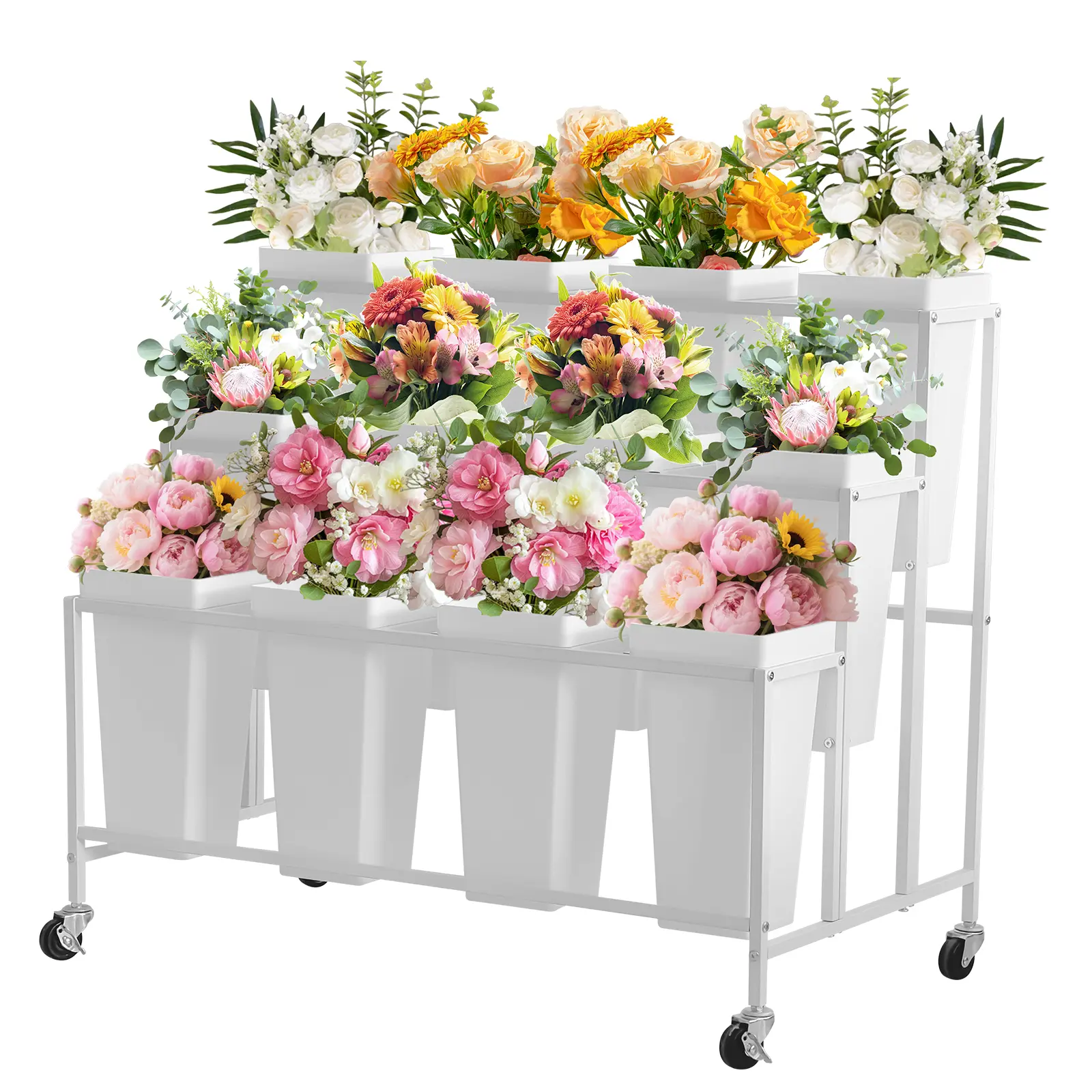3-Tier Flower Display Stand Cart with 12 Round Buckets and Wheels – Mobile Metal Plant Rack for Garden, Wedding, Florist Shop – Sturdy, Easy to Move – White, 94×60×80cm