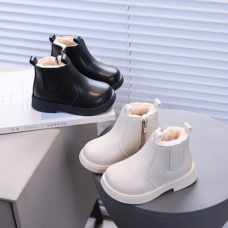 Girls' Short Boots with Velvet Warmth, Winter Versatile Plain Color Barefoot